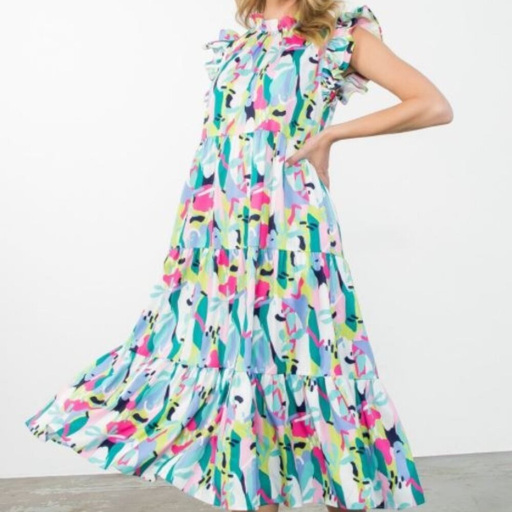 THML Abstract Tiered Midi Dress